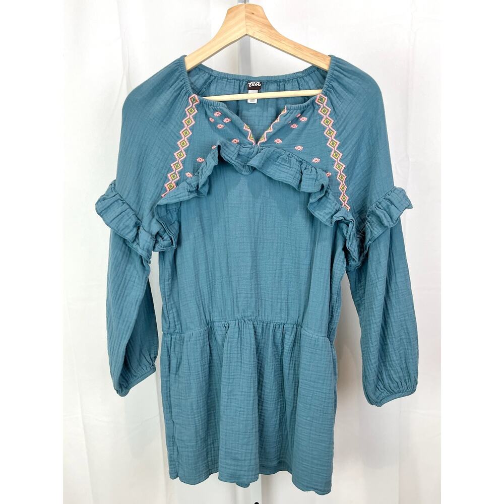 TEA COLLECTION Girls Sz 14 Embroidered Ruffle Dress Long Sleeve Short Skirt Blue